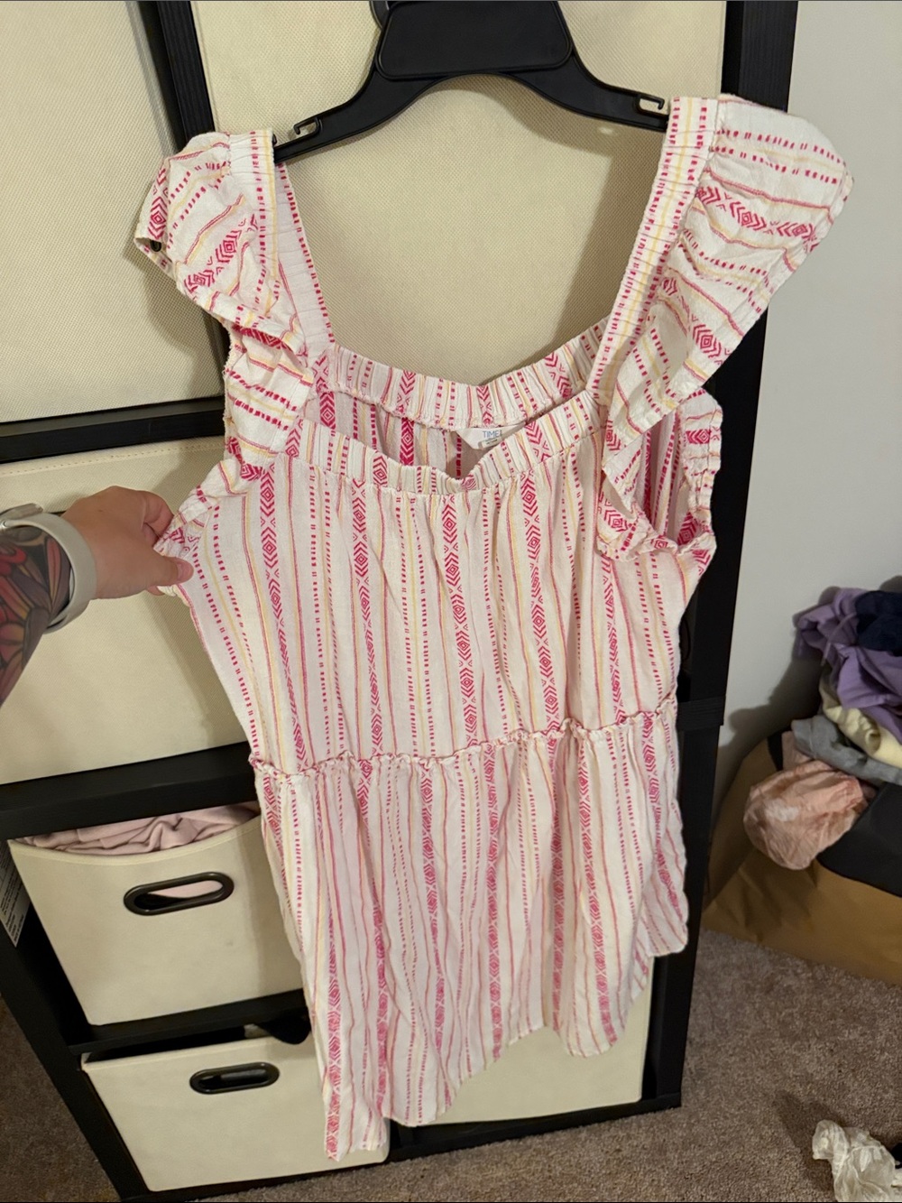 Time and tru Pink & White Striped Ruffle Sleeve dress